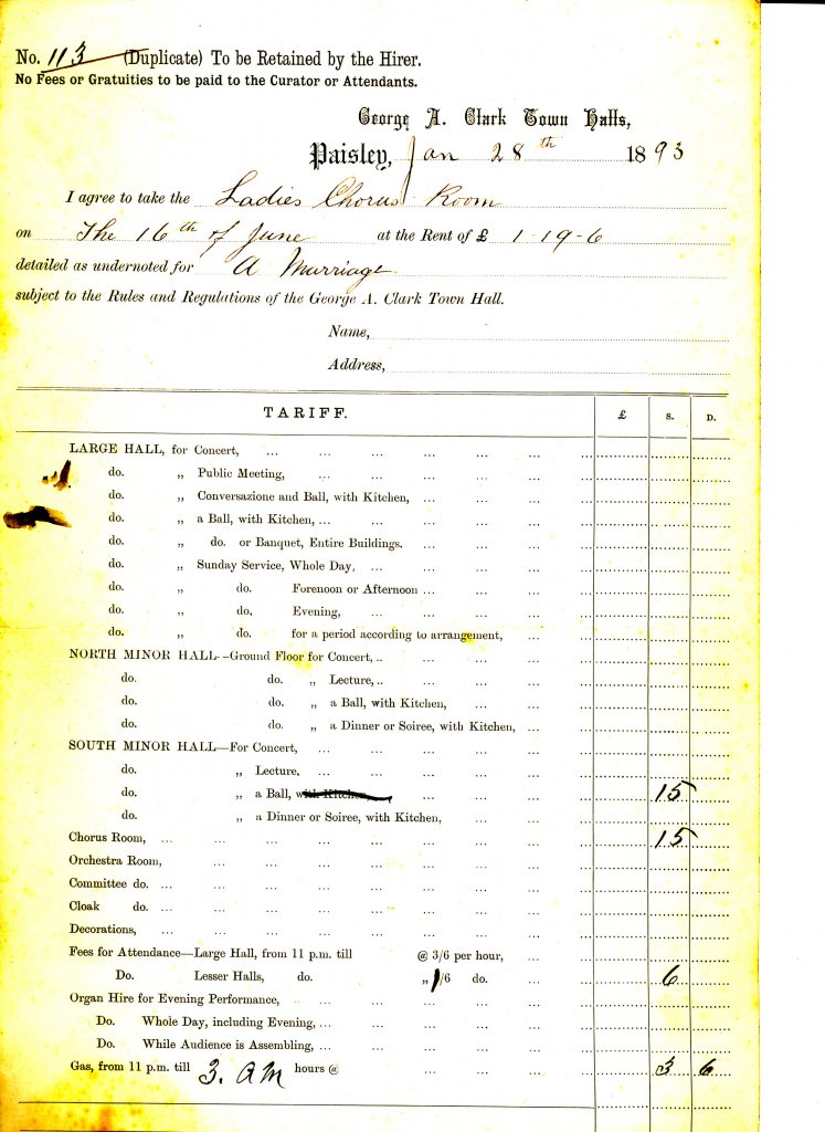 Receipt for booking of Wedding Reception, 16 June 1896